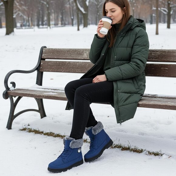 Women’s Blue Warm Fur Lined Ankle Booties Lace Up Slip-On Outdoor Boots - Picture 2 of 5